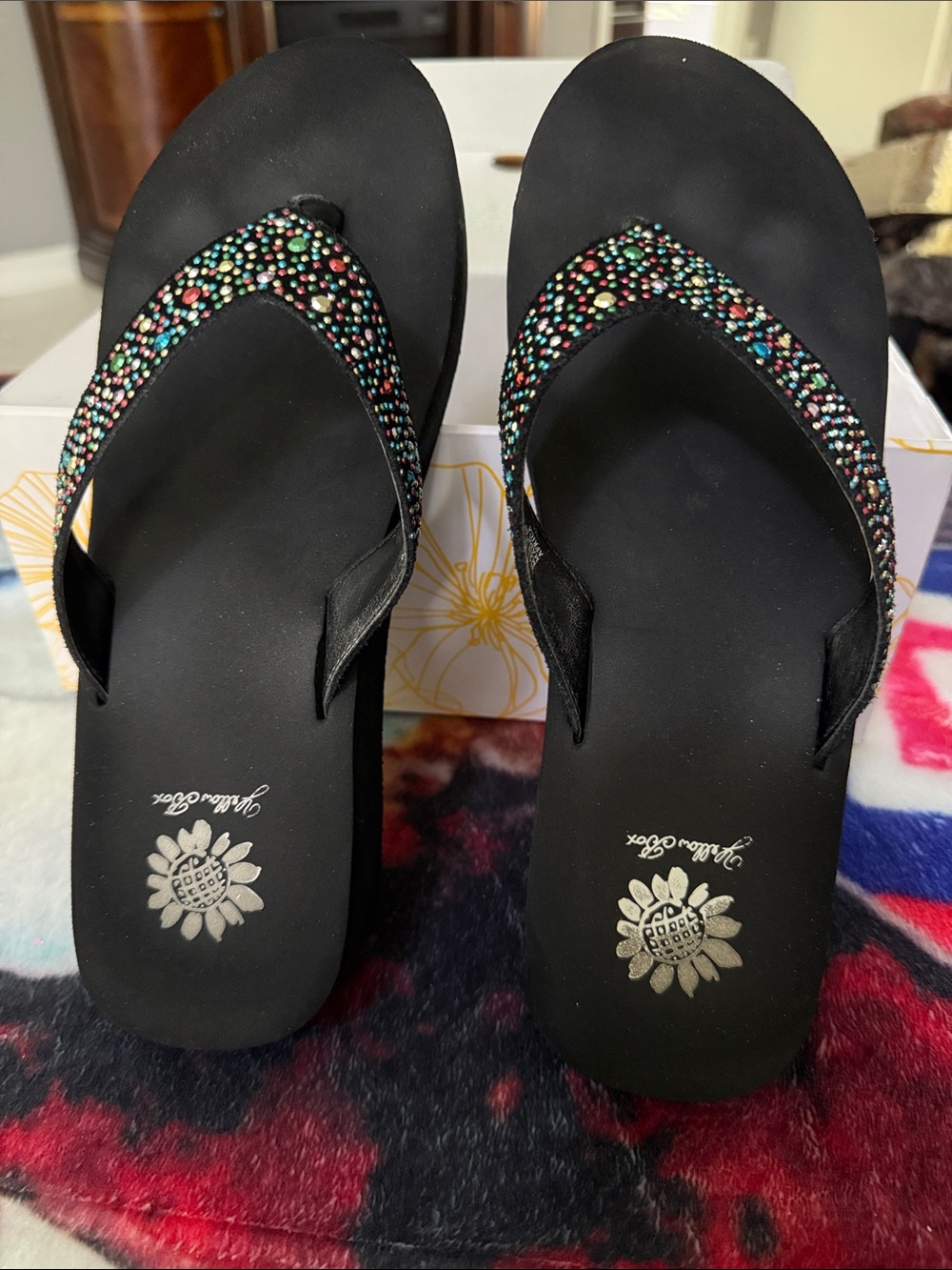 Yellow Box Black Flip Flop Sandals with Multicolor Rhinestones on Straps